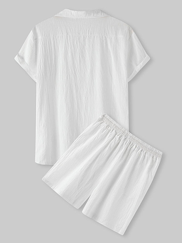 Men's Solid Color Linen Short Sleeve With Matching Shorts Pajamas