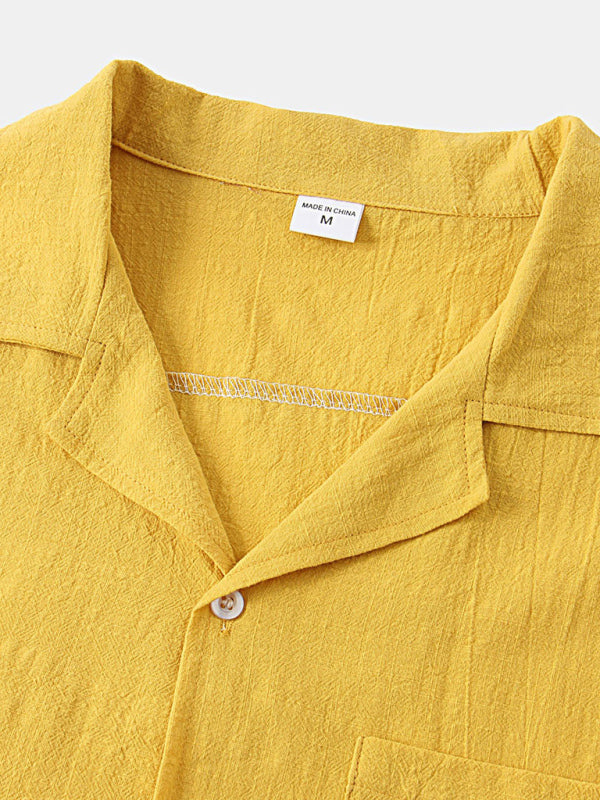 Men's Solid Color Linen Short Sleeve With Matching Shorts Pajamas