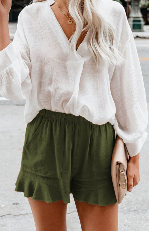Women's Solid Color Elastic Waist Ruffled Shorts