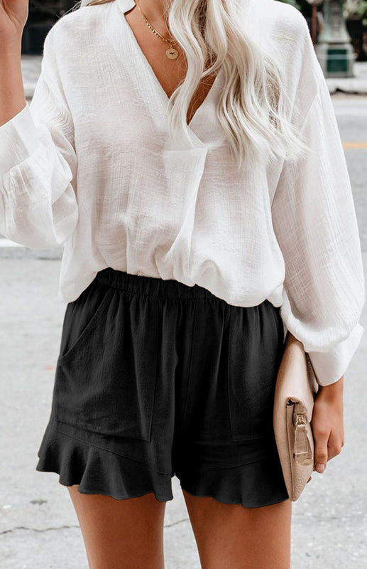 Women's Solid Color Elastic Waist Ruffled Shorts