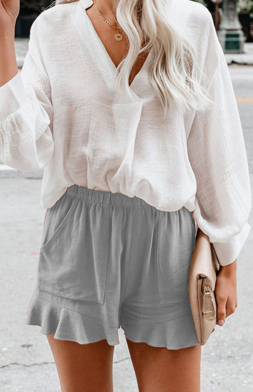 Women's Solid Color Elastic Waist Ruffled Shorts