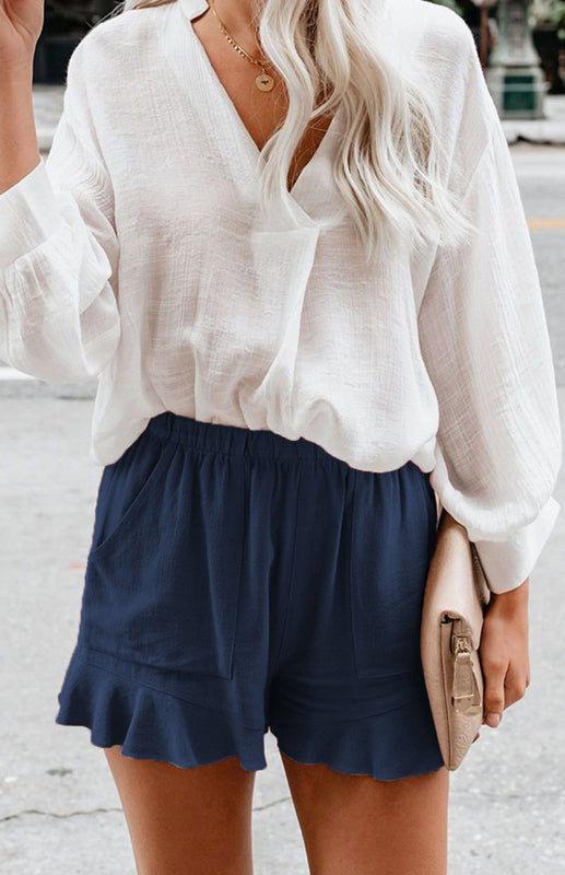 Women's Solid Color Elastic Waist Ruffled Shorts