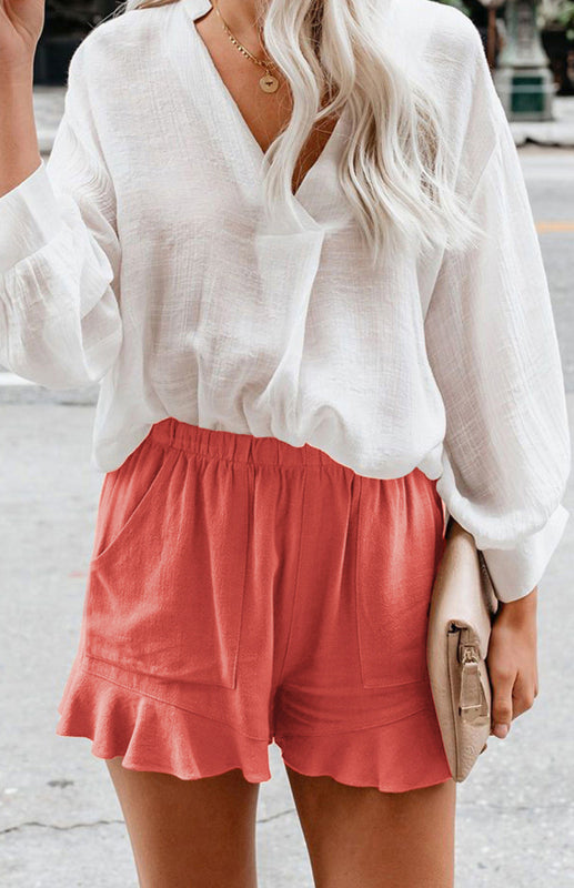 Women's Solid Color Elastic Waist Ruffled Shorts
