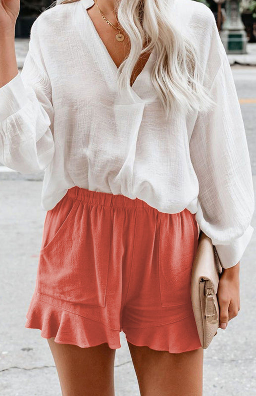 Women's Solid Color Elastic Waist Ruffled Shorts
