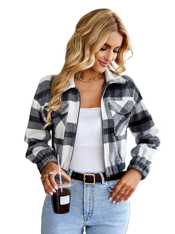 Women's Cropped Zip Up Collared Flannel Jacket With Front Chest Pockets