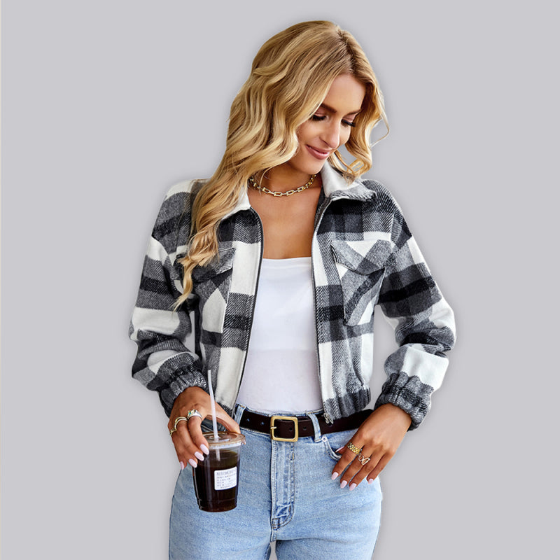 Women's Cropped Zip Up Collared Flannel Jacket With Front Chest Pockets
