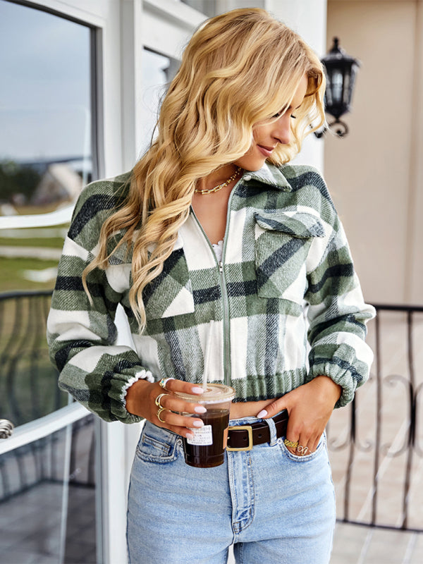 Women's Cropped Zip Up Collared Flannel Jacket With Front Chest Pockets