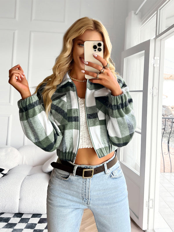 Women's Cropped Zip Up Collared Flannel Jacket With Front Chest Pockets