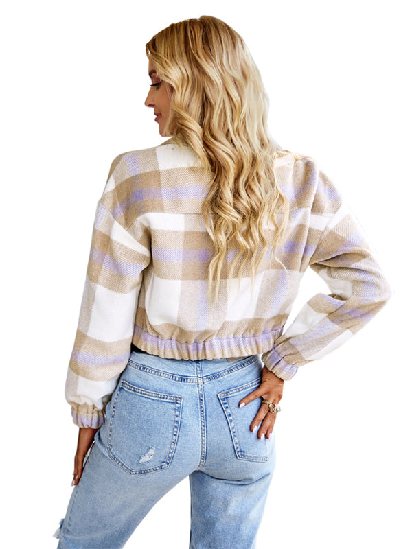 Women's Cropped Zip Up Collared Flannel Jacket With Front Chest Pockets