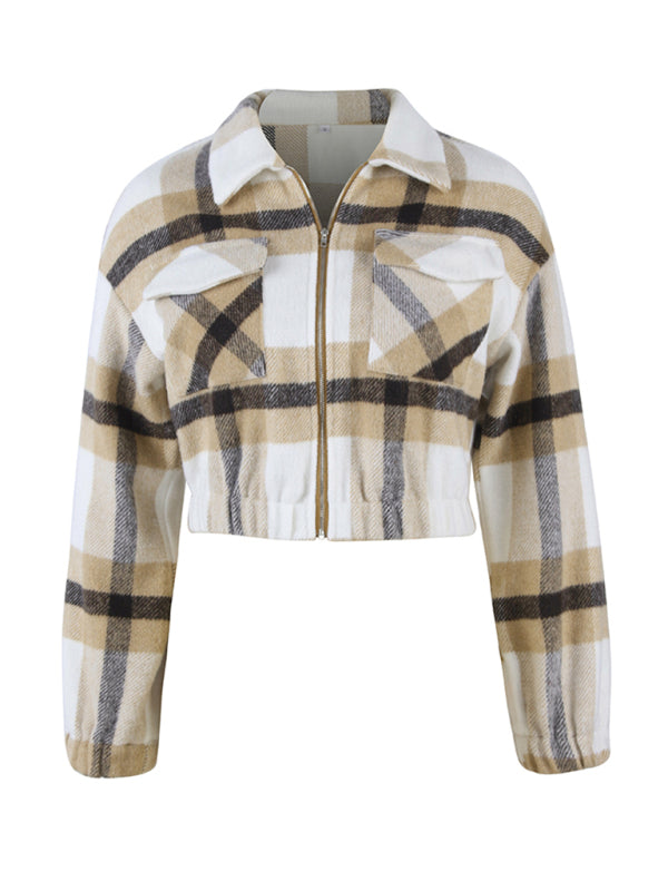 Women's Cropped Zip Up Collared Flannel Jacket With Front Chest Pockets