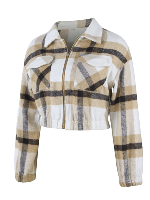 Women's Cropped Zip Up Collared Flannel Jacket With Front Chest Pockets