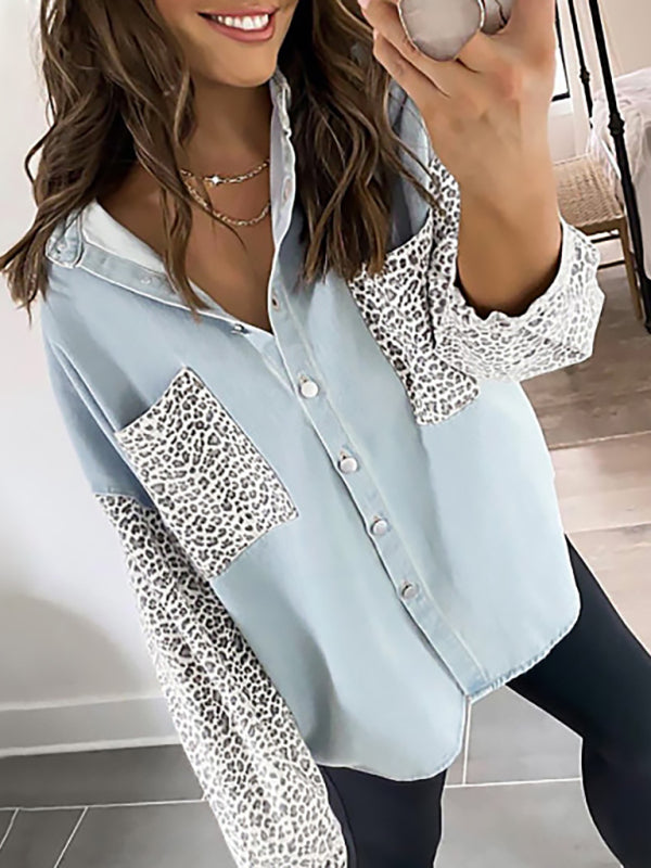 Women's Long Sleeve Pocket Leopard Print Lapel Cardigan Top