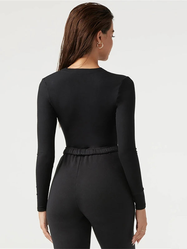 Slim Fit Solid Crew Neck Long Sleeve Zip Bodysuit