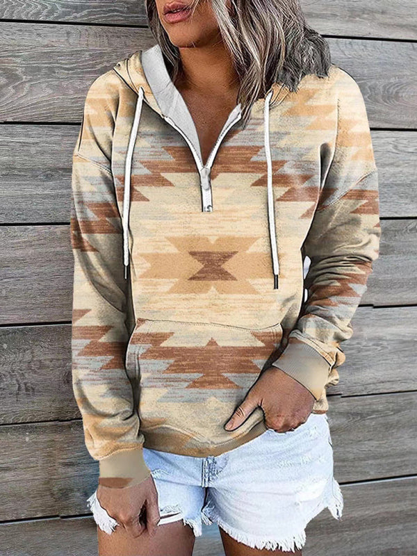 Women’s Bohemian Style Quarter Zip Hoodie With Drawstrings And Front Pocket