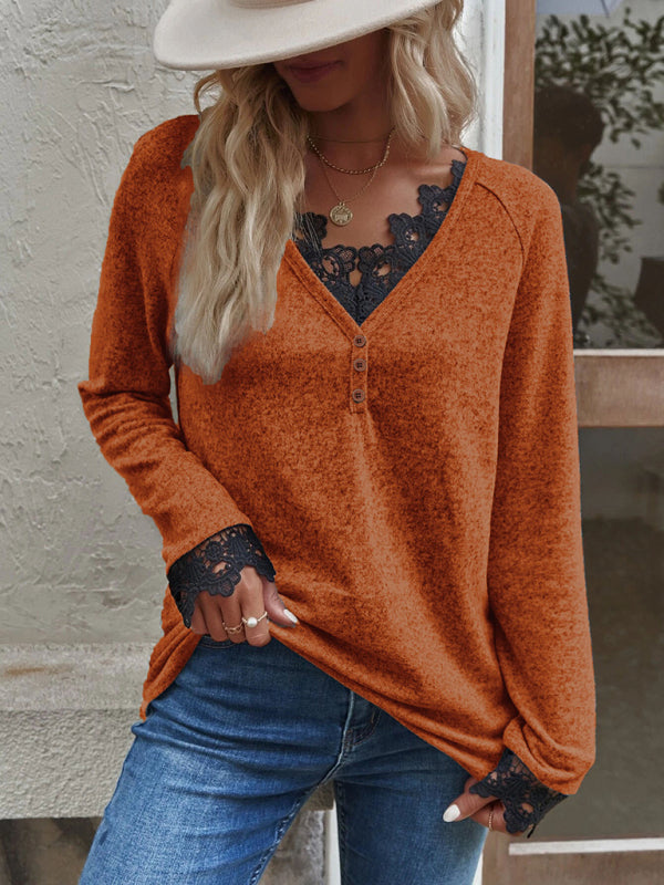 Women’s Solid Color V Neck Button Top Lace Cuffs Henley Top