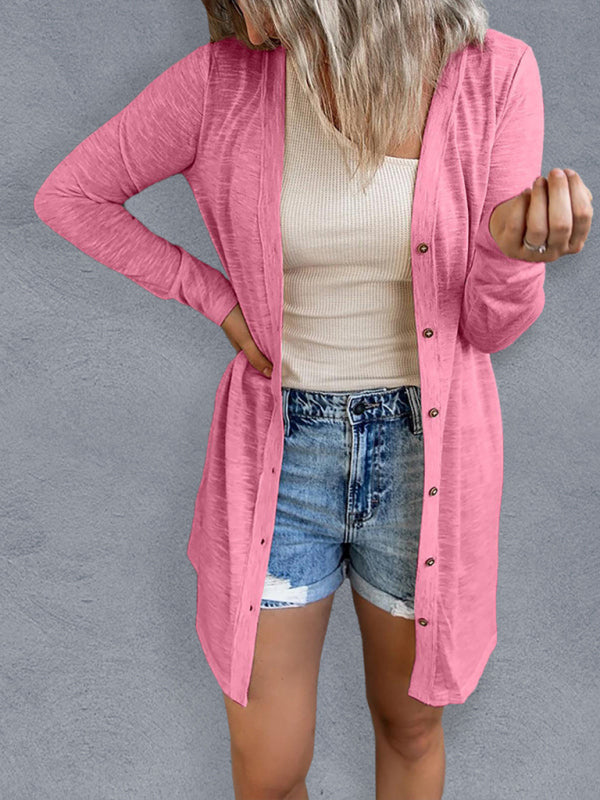 Women’s Solid Color V Neck Long Sleeve Button Front Longline Cardigan