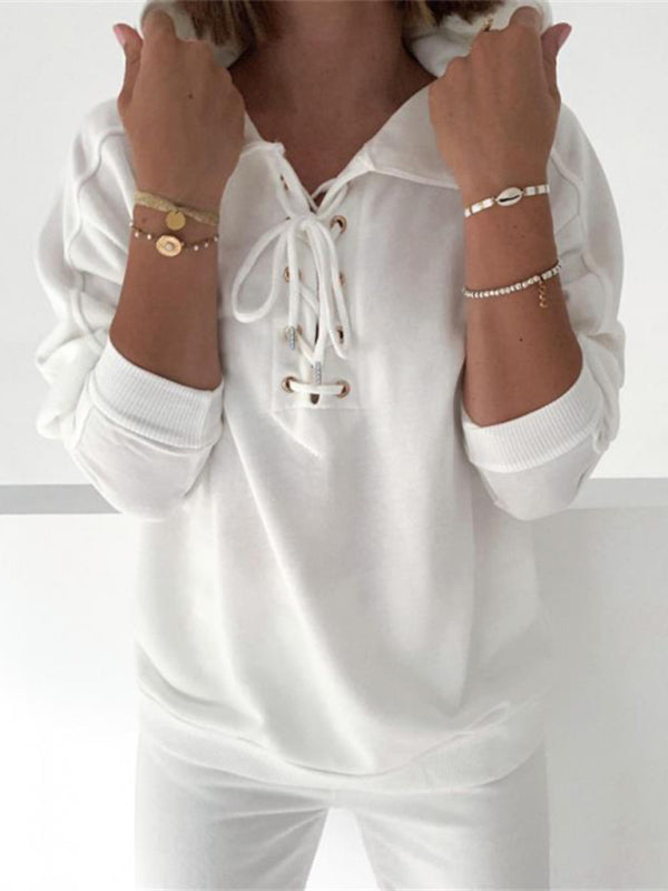 Women's Solid Color Lace Up Long Sleeve Hoodie