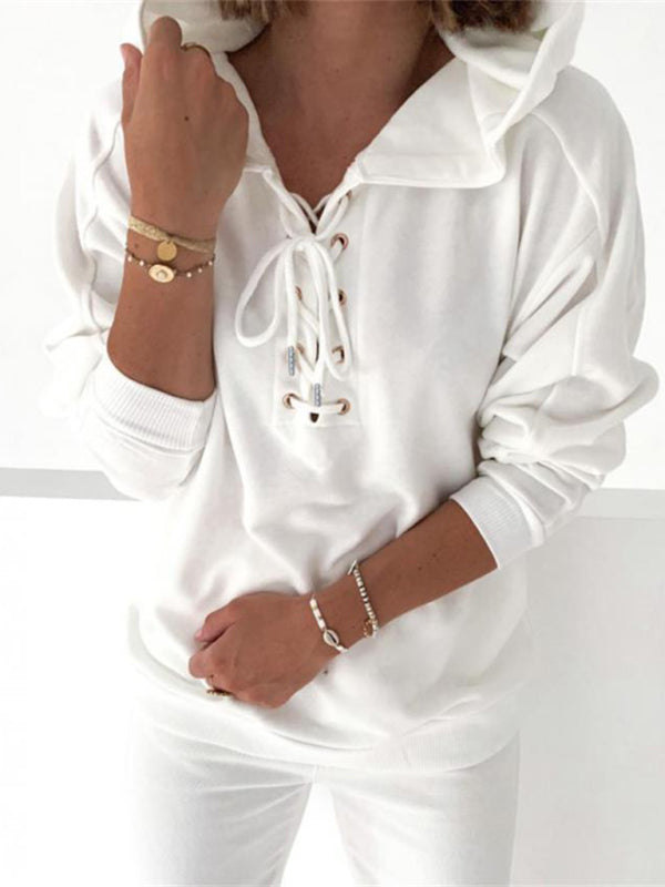 Women's Solid Color Lace Up Long Sleeve Hoodie