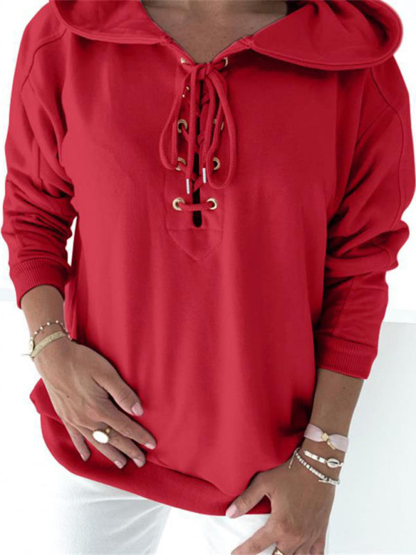 Women's Solid Color Lace Up Long Sleeve Hoodie