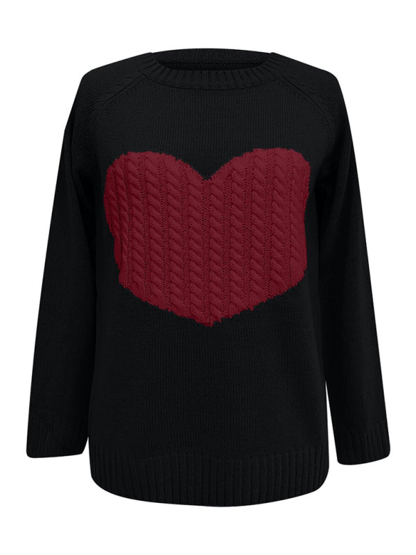 Women's "heart" Front Print Cable Knit Sweater