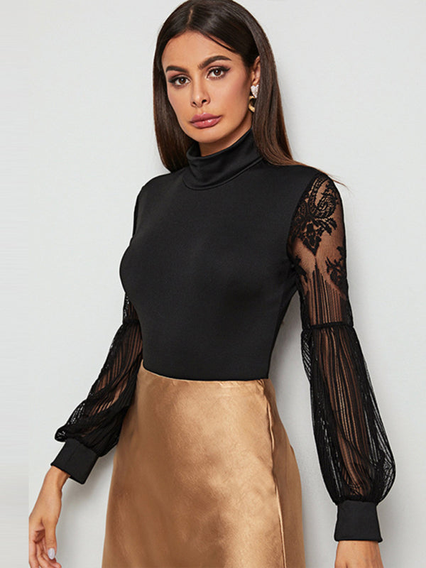 Women's Solid Color Lace Sleeve Long Sleeve Bodysuit