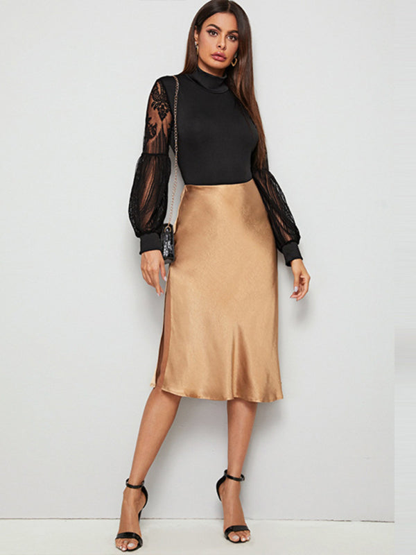 Women's Solid Color Lace Sleeve Long Sleeve Bodysuit