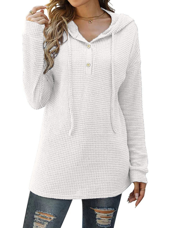 Women's Solid Color Warm Button Front Waffle Knit Henley Hoodie Top