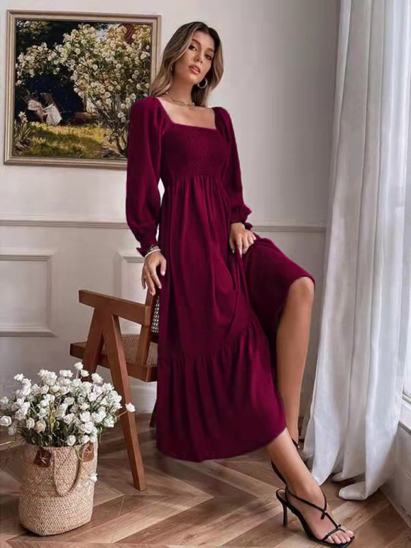 Women's Solid Color Smocked Long Sleeve Tiered Maxi Dress
