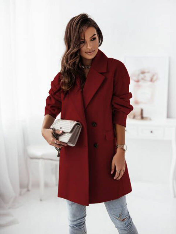 Women's Double-breasted Solid-color Wool Coat