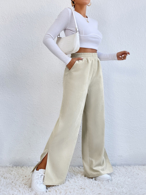 Women's Solid Color Elastic Waistband Corduroy Wide Leg Slit Trousers