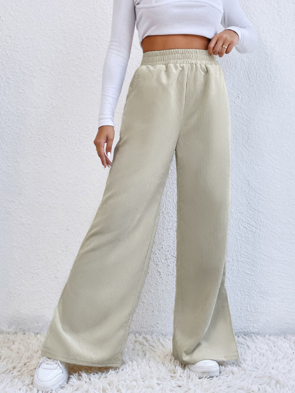 Women's Solid Color Elastic Waistband Corduroy Wide Leg Slit Trousers