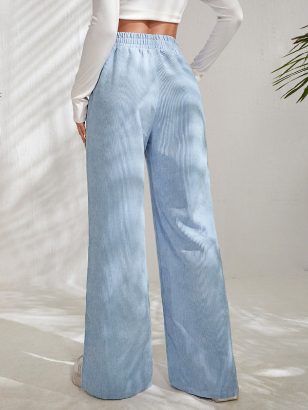 Women's Solid Color Elastic Waistband Corduroy Wide Leg Slit Trousers