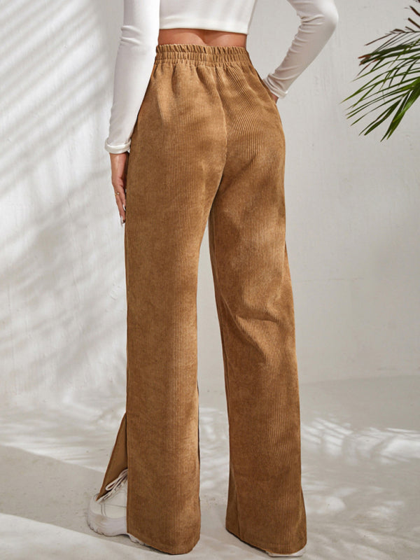 Women's Solid Color Elastic Waistband Corduroy Wide Leg Slit Trousers