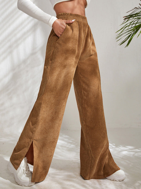 Women's Solid Color Elastic Waistband Corduroy Wide Leg Slit Trousers