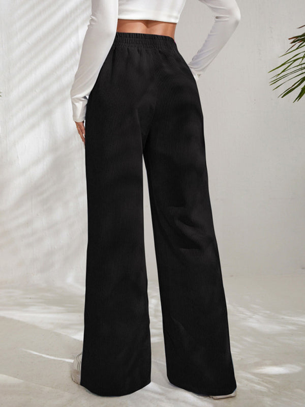 Women's Solid Color Elastic Waistband Corduroy Wide Leg Slit Trousers