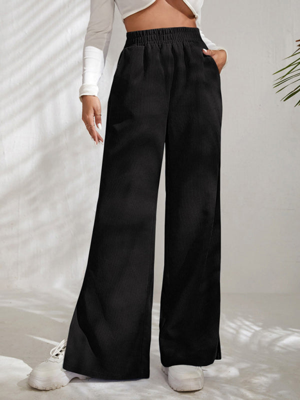 Women's Solid Color Elastic Waistband Corduroy Wide Leg Slit Trousers