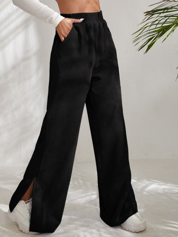 Women's Solid Color Elastic Waistband Corduroy Wide Leg Slit Trousers