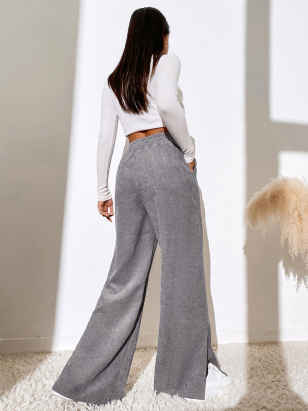 Women's Solid Color Elastic Waistband Corduroy Wide Leg Slit Trousers
