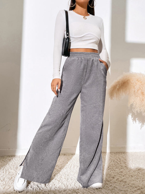 Women's Solid Color Elastic Waistband Corduroy Wide Leg Slit Trousers