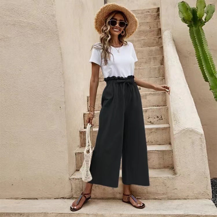 Women's Solid Color Elastic Waist Belted Wide Leg Pants