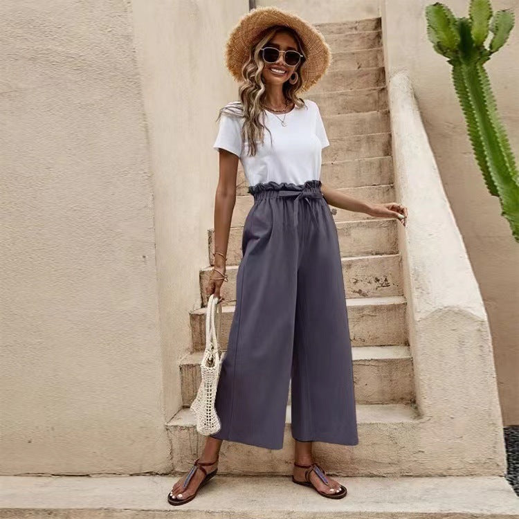 Women's Solid Color Elastic Waist Belted Wide Leg Pants