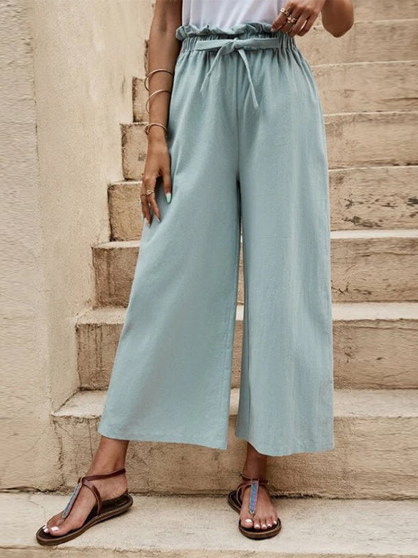 Women's Solid Color Elastic Waist Belted Wide Leg Pants