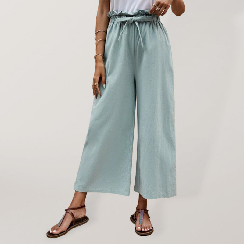 Women's Solid Color Elastic Waist Belted Wide Leg Pants