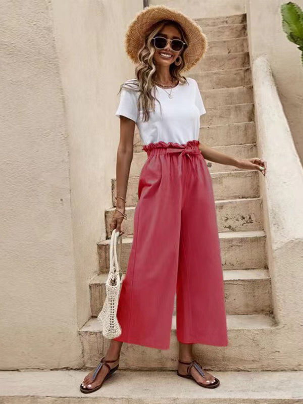 Women's Solid Color Elastic Waist Belted Wide Leg Pants