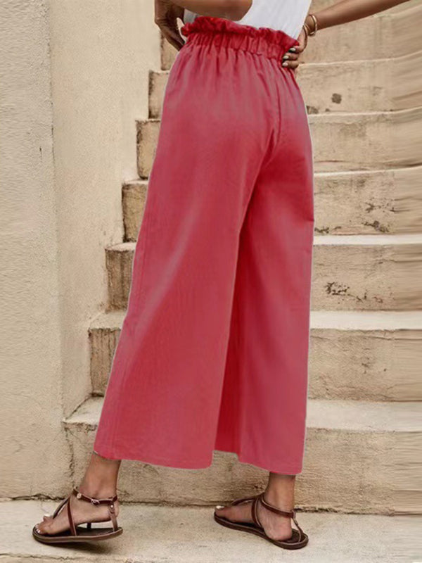 Women's Solid Color Elastic Waist Belted Wide Leg Pants