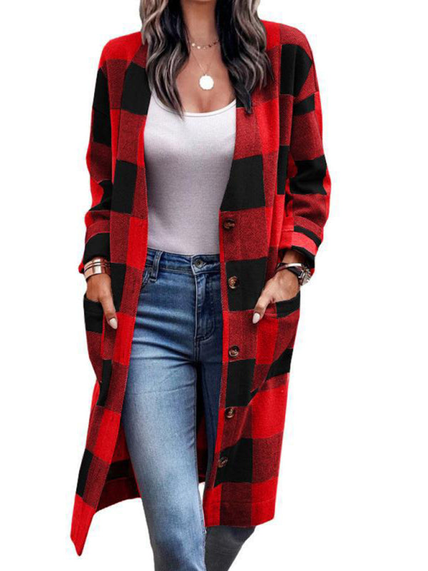 Women's Plaid Print Long Line Drop Shoulder Coat