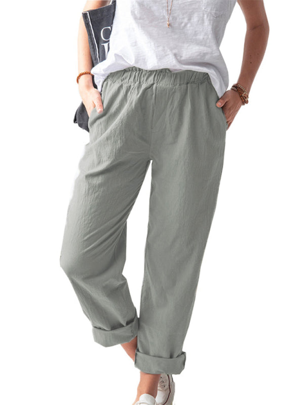 New style solid color casual elastic high waist straight trousers women