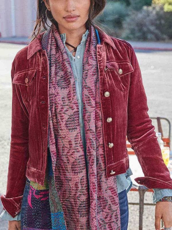 Women's Solid Color Velvet Crop Trucker Jacket