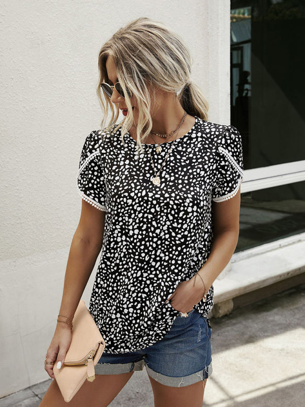 Women's Polka Dot Print Slit Short Sleeve Crew Neck Top