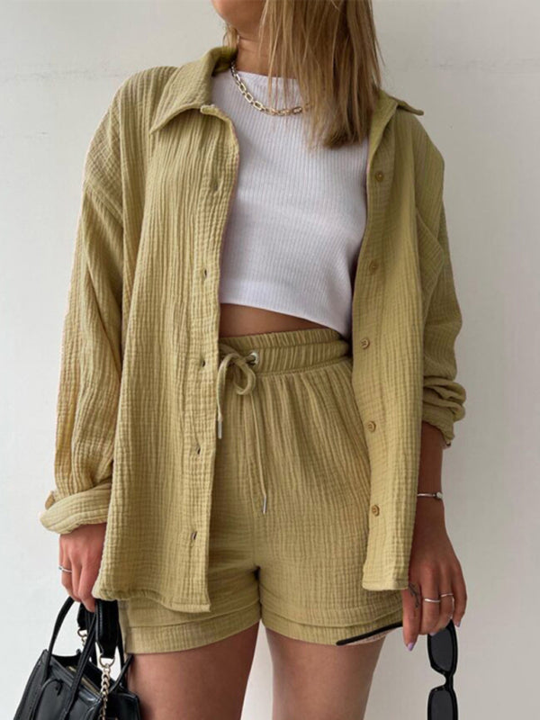 Women's Solid Color Lightweight Pleated Pattern Point Collar Button-up Top Matching Short Set